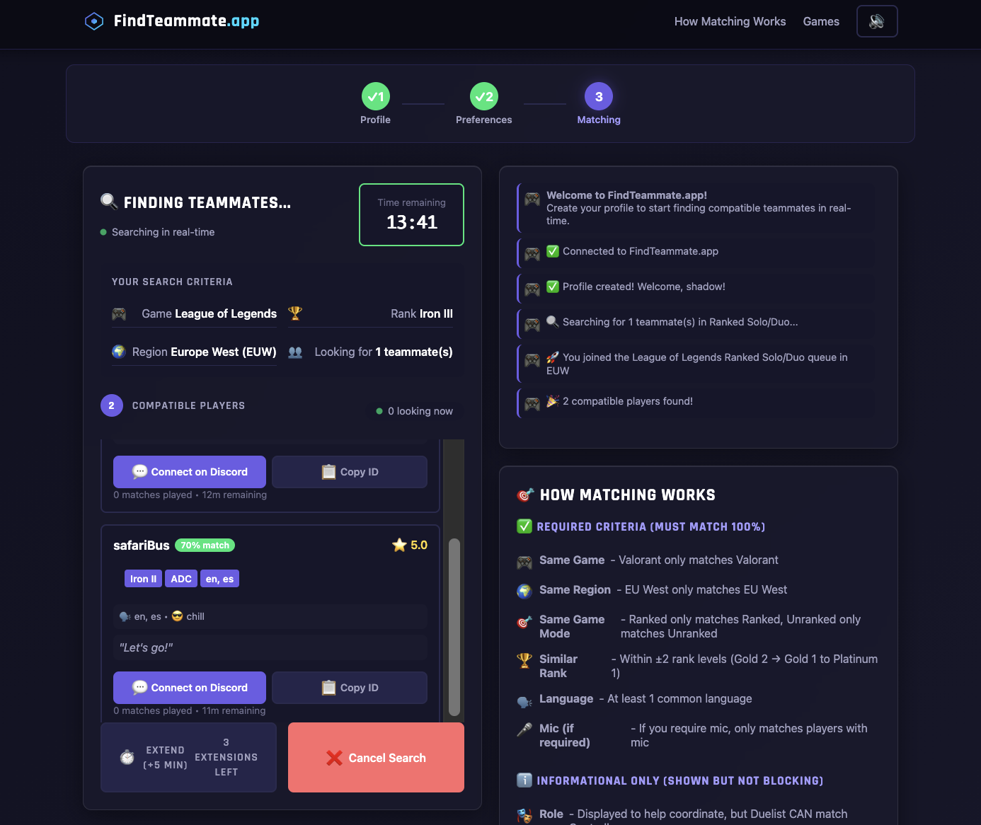 FindTeammate App Interface